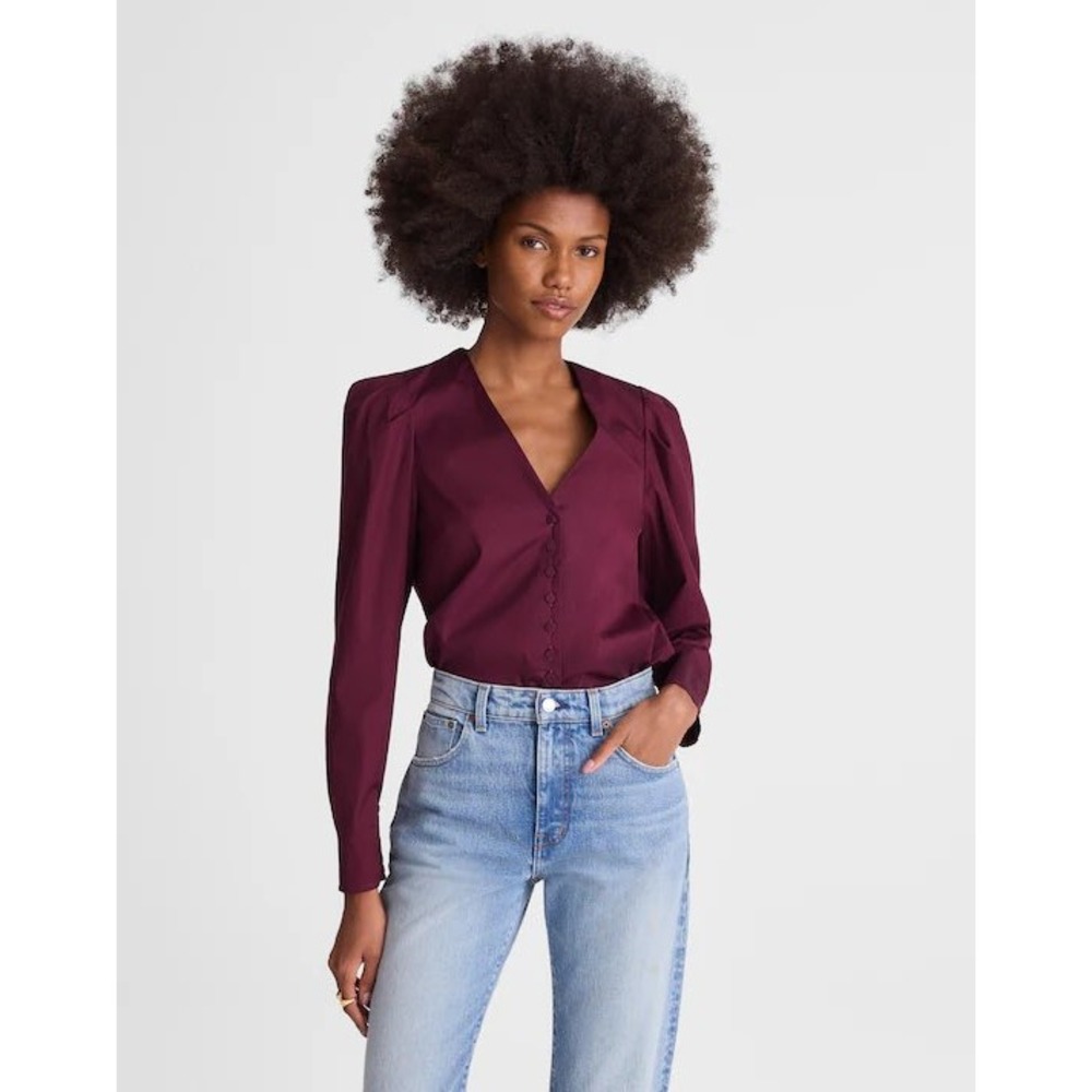 Madewell V-Neck Button-Front Top Dark Pomegranate Burgundy NY535 Small NEW